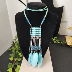 Boho Aqua Seed Bead Necklace with Aqua Blue Feathers